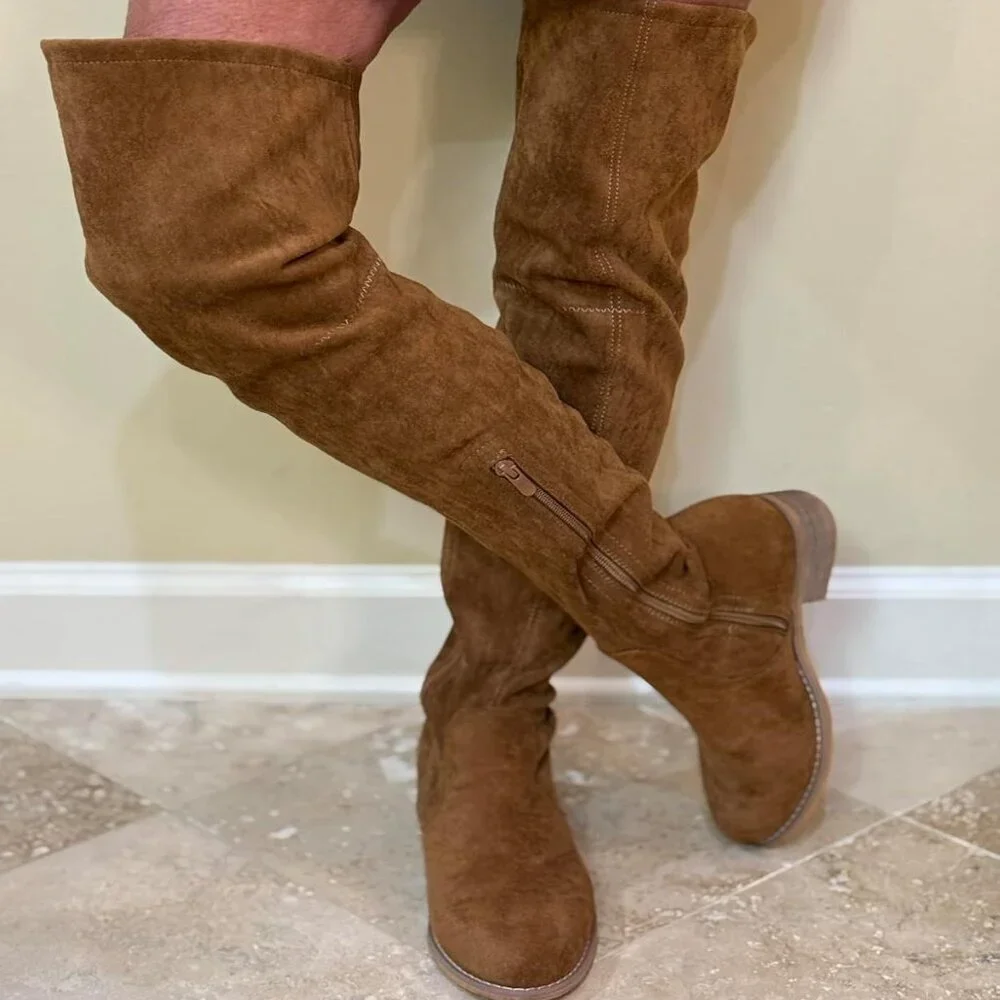 🆕Women's Brown Over The Knee Boots Thigh High Low Block Heel Pointed Toe Boots